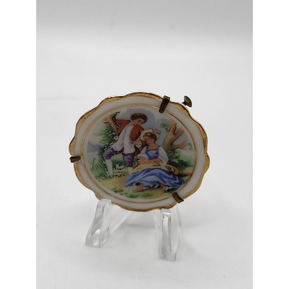 Vintage Limoges France Porcelain Courting Scene Brooch